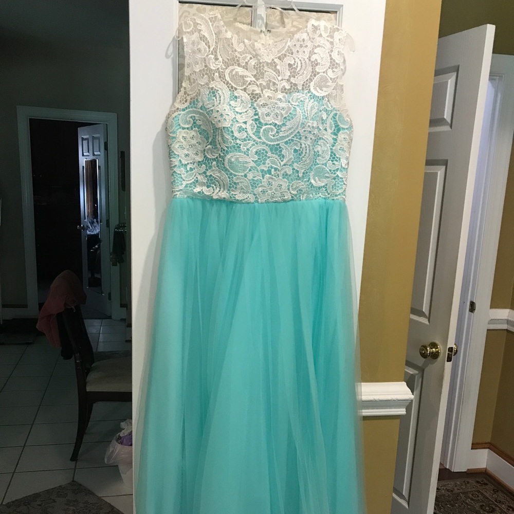Teal and Off White Lace Prom Dress